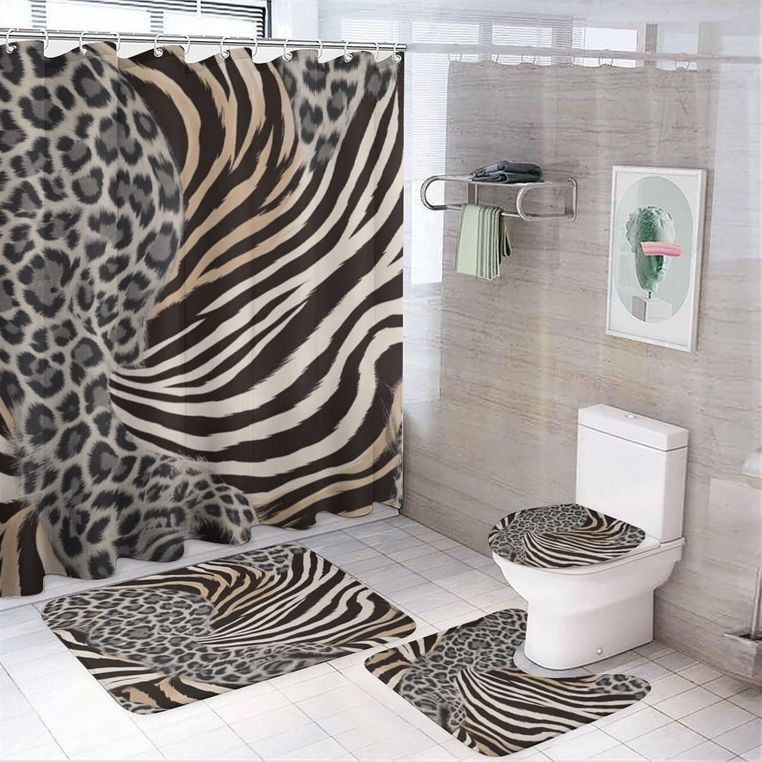 4PCS Modern Zebra Fur Pattern Shower Curtain Set 72W X 72L, Retro Leopard Print Print Bathroom Decor, Toilet Lid Cover Non-Slip Rugs and U-Shaped Mat Set 12 Hooks