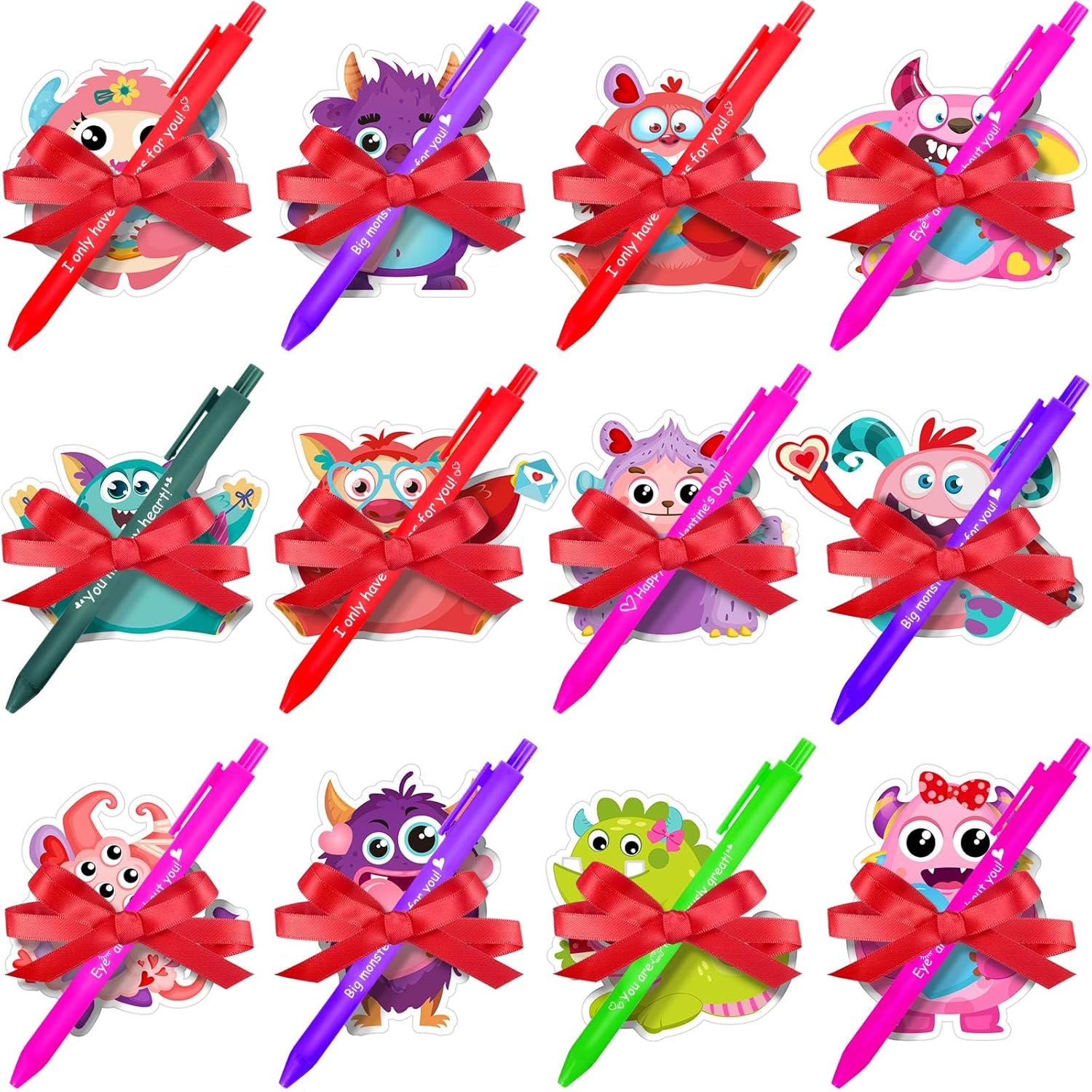 Pasimy 72 Pcs Valentines Day Sticky Notes with Pens Ribbons - Bulk Coworker Valentine Gifts Set, 24 Valentines Notepads 24 Ballpoint Pens Red Pink Heart Office Gift Supplies Favors(Colorful, Monster)