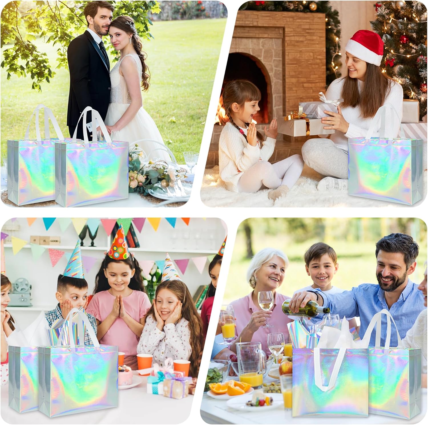 ZIFTY 32 Pcs Large Iridescent Gift Bags with Handles, Reusable Non-woven Goodie Gift Bags Bulk with Holographic Tissue Paper for Christmas, Birthday, Wedding, Easter, Holiday Party Favors 12.6x11x4.7