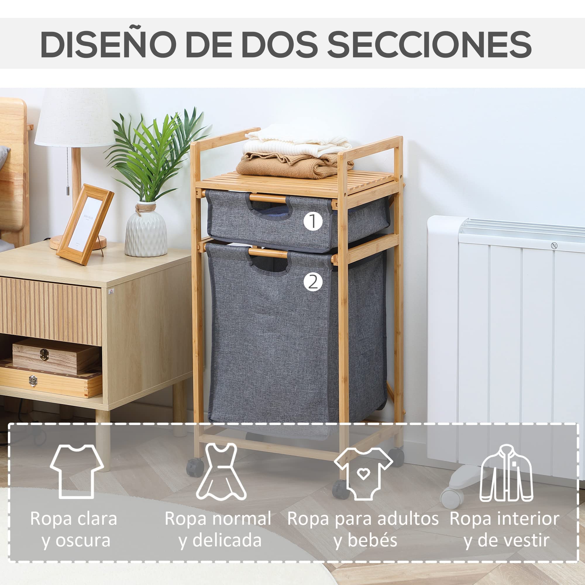 HOMCOM Mueble Cesto para Ropa Sucia de Bambú 2 Bolsas 42x35x84,5 cm Gris | Cesta para la Colada, 2 Bolsas de Tela Extraíbles, Estante Abierto, 2 Asas Laterales, 4 Ruedas
