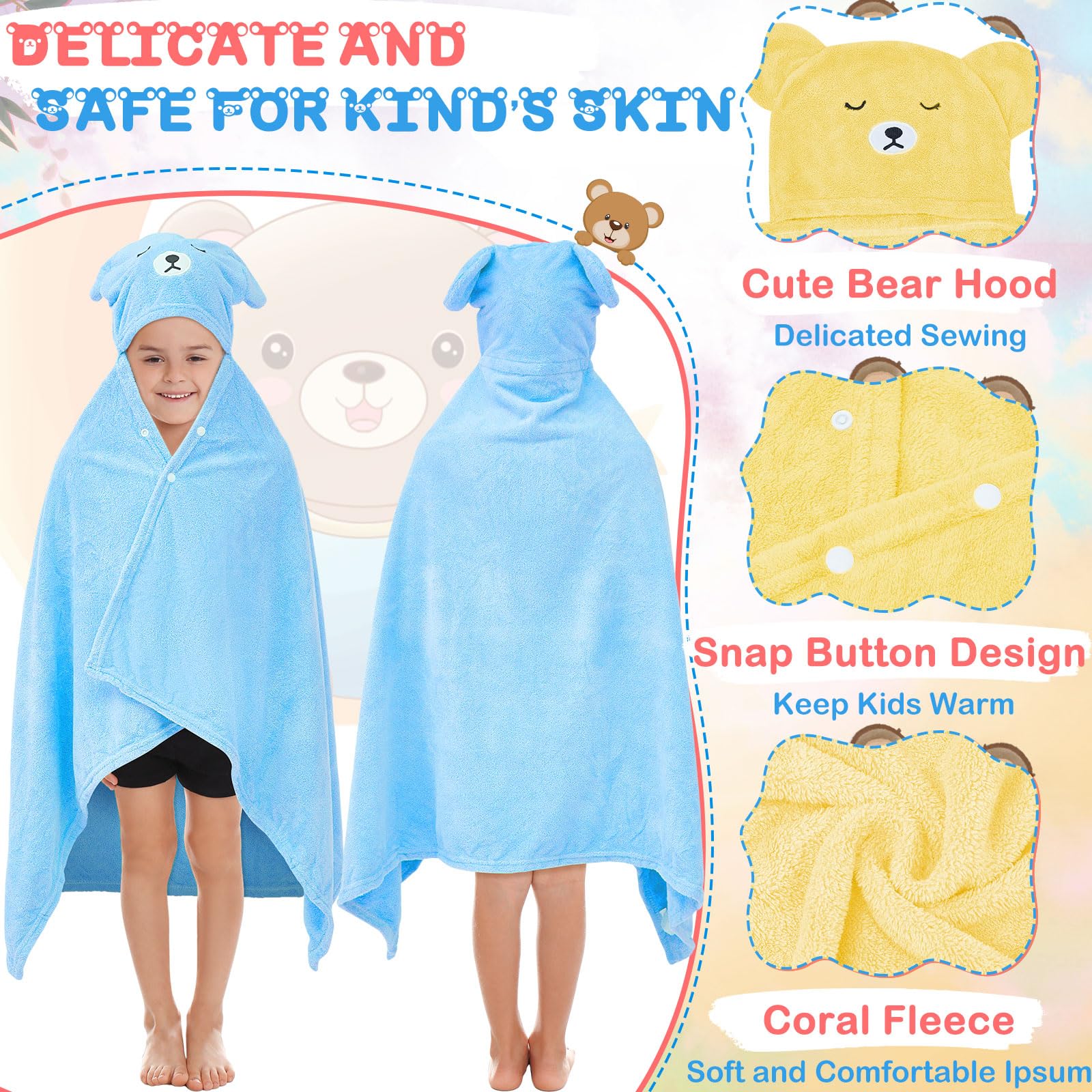 Xtinmee 4 toallas con capucha de 28 x 47 pulgadas para niños de 3 a 10 años, toallas de baño de tamaño grande, absorbentes, suaves, con capucha, toalla de playa, toalla envolvente, bata de baño,