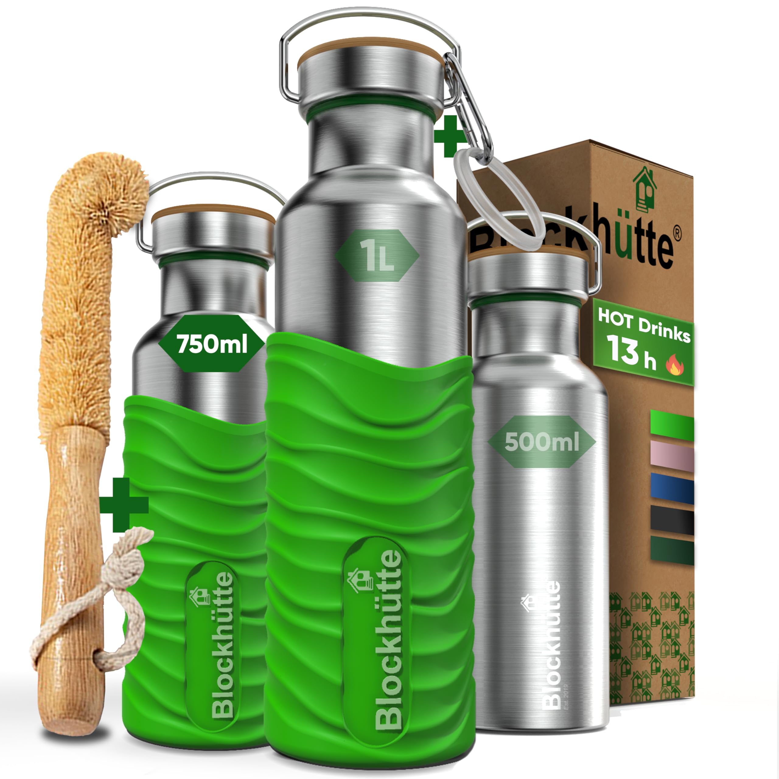 Blockhütte Stainless Steel Water Bottle Insulated I 750ml Water Bottle Metal, BPA Free, Thermal Leakproof Flask, Dishwasher Safe, for Gym, Cold Drinks, with Natural Cleaning Brush - Bright Green — image 1