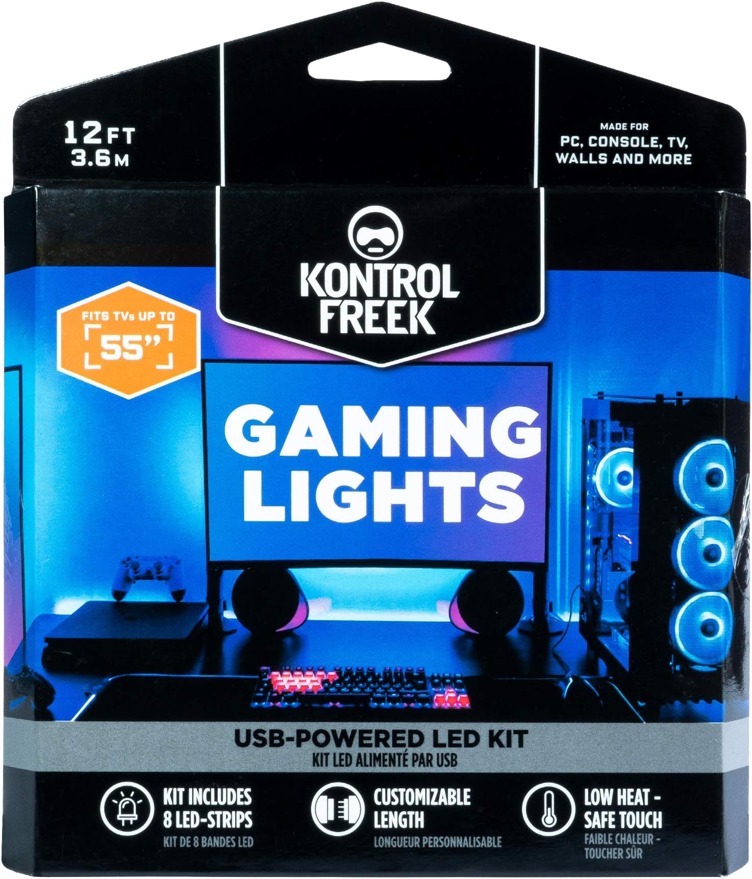 KontrolFreek Gaming Lights: LED Strip Lights, USB Powered with Controller, 3M Adhesive for TV, Console, PC, Wall (12 ft)