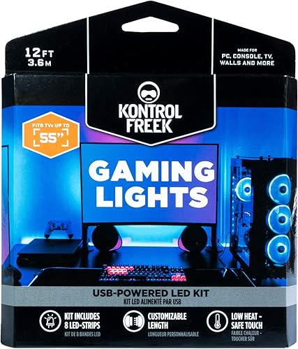 KontrolFreek Luces para juegos tira de luces LED, alimentada por USB con controlador, adhesivo 3M para TV, consola, PC, pared (12 pies)
