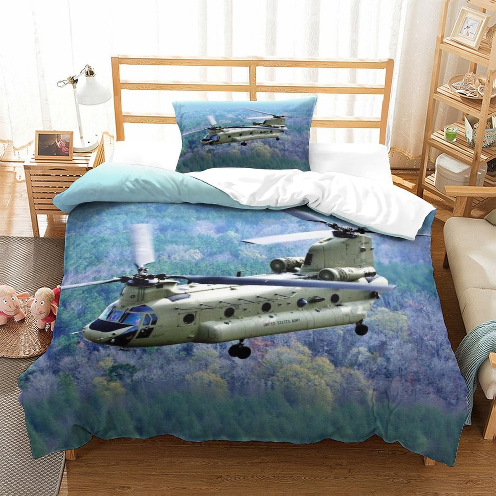 Lililaobiao Boys Chinook 3D Print Duvet Cover For Kids & Adults, Hypoallergenic Military Helicopter Bedding Set Single（135X200cm） Microfiber Comforter, Skin-Friendly Quilt Cover With Zipper