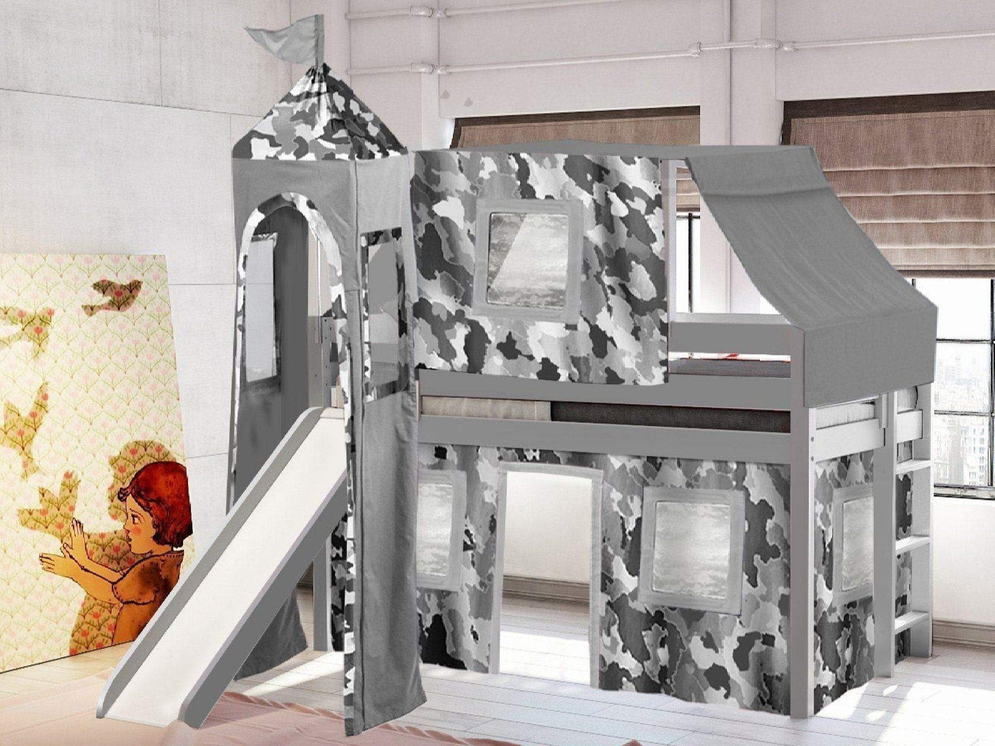 JACKPOT! Castle Low Loft Bed with Slide, Gray Camo Tent and Tower, Twin, Gray
