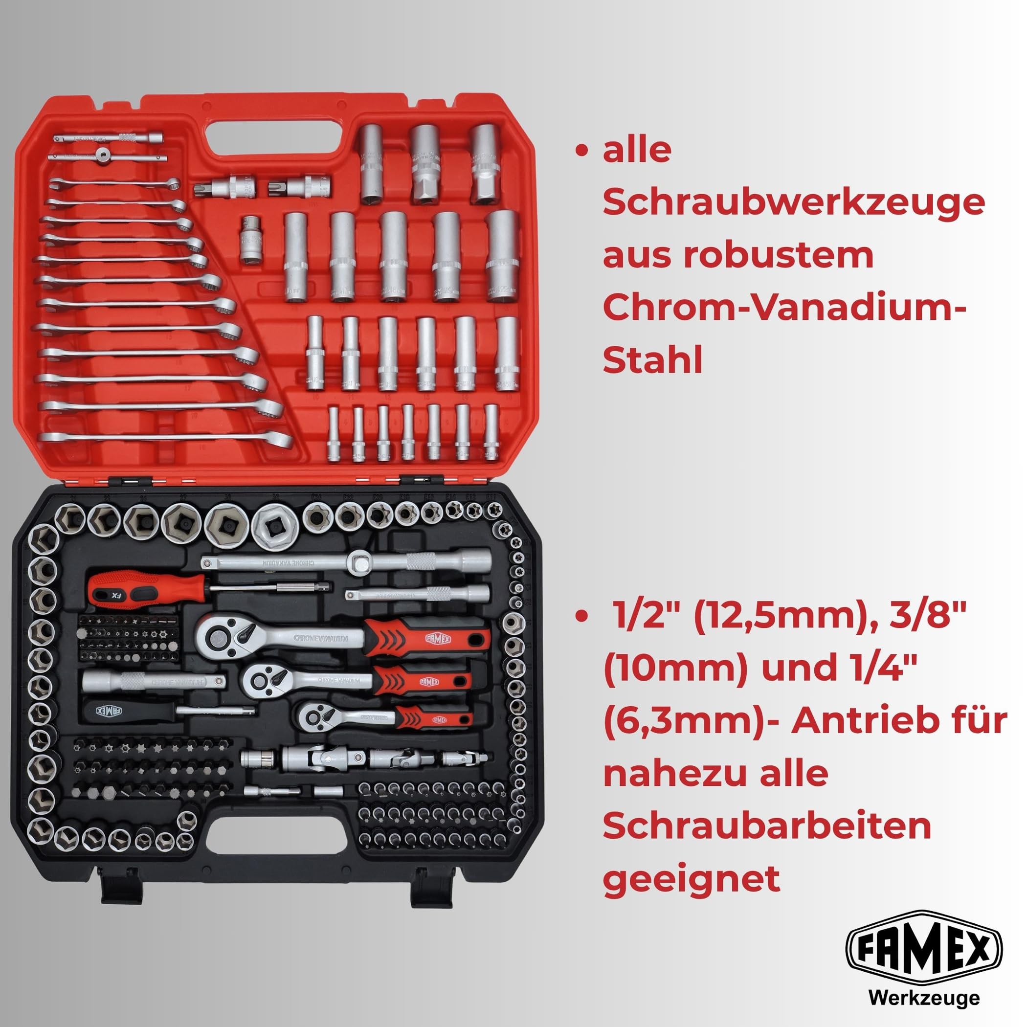 FAMEX 555-50 Steckschlüsselsatz 219-tlg. - 1/4 Zoll, 3/8 Zoll, 1/2 Zoll - alle Werkzeuge CV-Stahl - Werkzeug Set mit 3 Feinzahnknarren - Ratschenkasten, Ring-Maulschlüssel DIN 3113, Stecknüsse, Bits