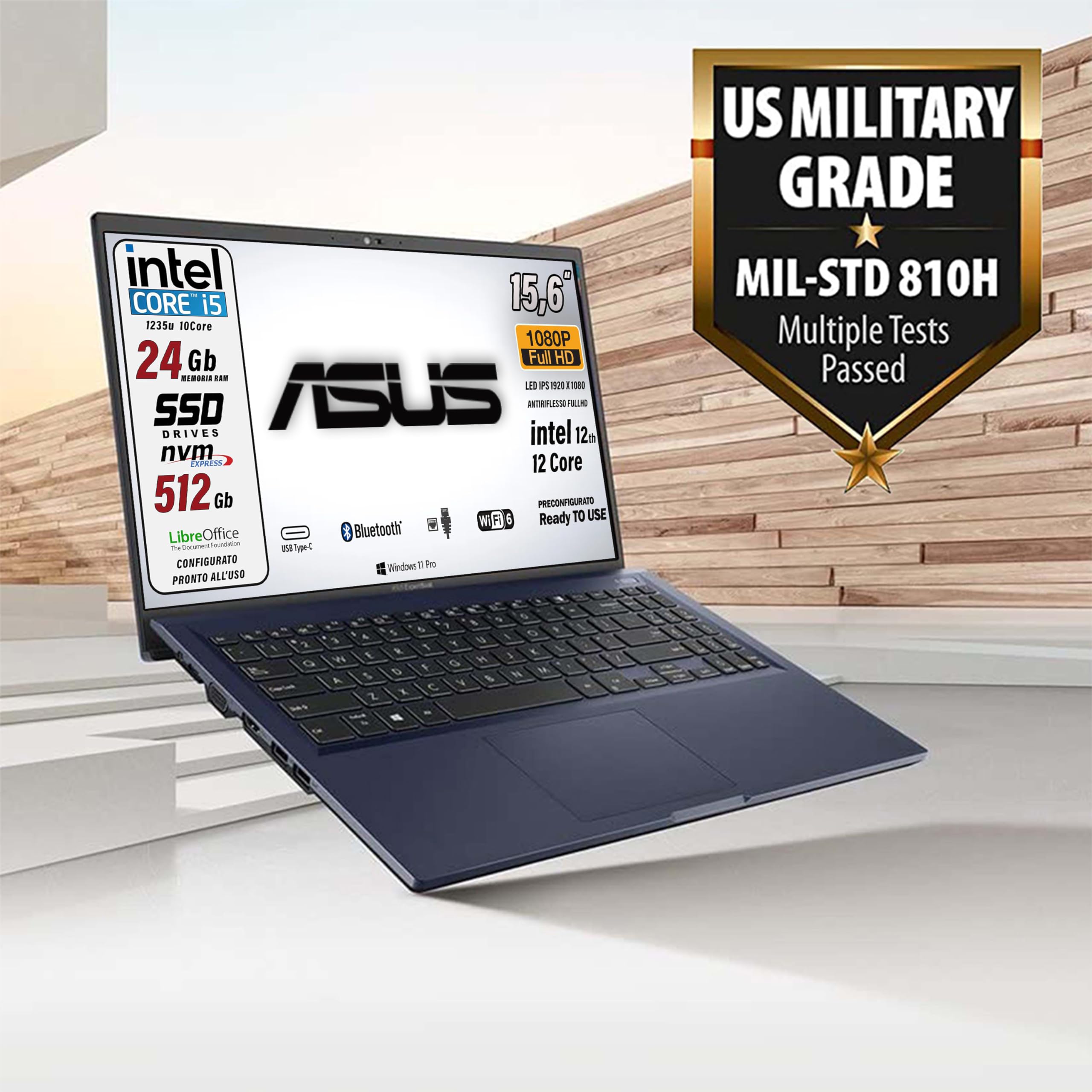 ASUS Notebook, Cpu Intel Core i5, 10Core fino a 4400 MHz, Ram 24 Gb, SSD pci Nvme da 512 Gb, 15,6" FHD, Hdmi, bt, webcam, Wi-fi, 4 Usb, Bt, Win 11Pro, Libre Office, Tastiera italiana, Gar. Italia
