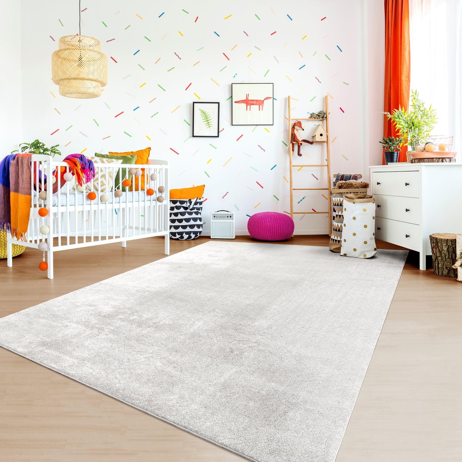 TT Home Teppich Kinderzimmer Waschbar rutschfest Kinderteppich Junge Mädchen Weich Pastell, Farbe:Silber, Größe:200 cm Rund