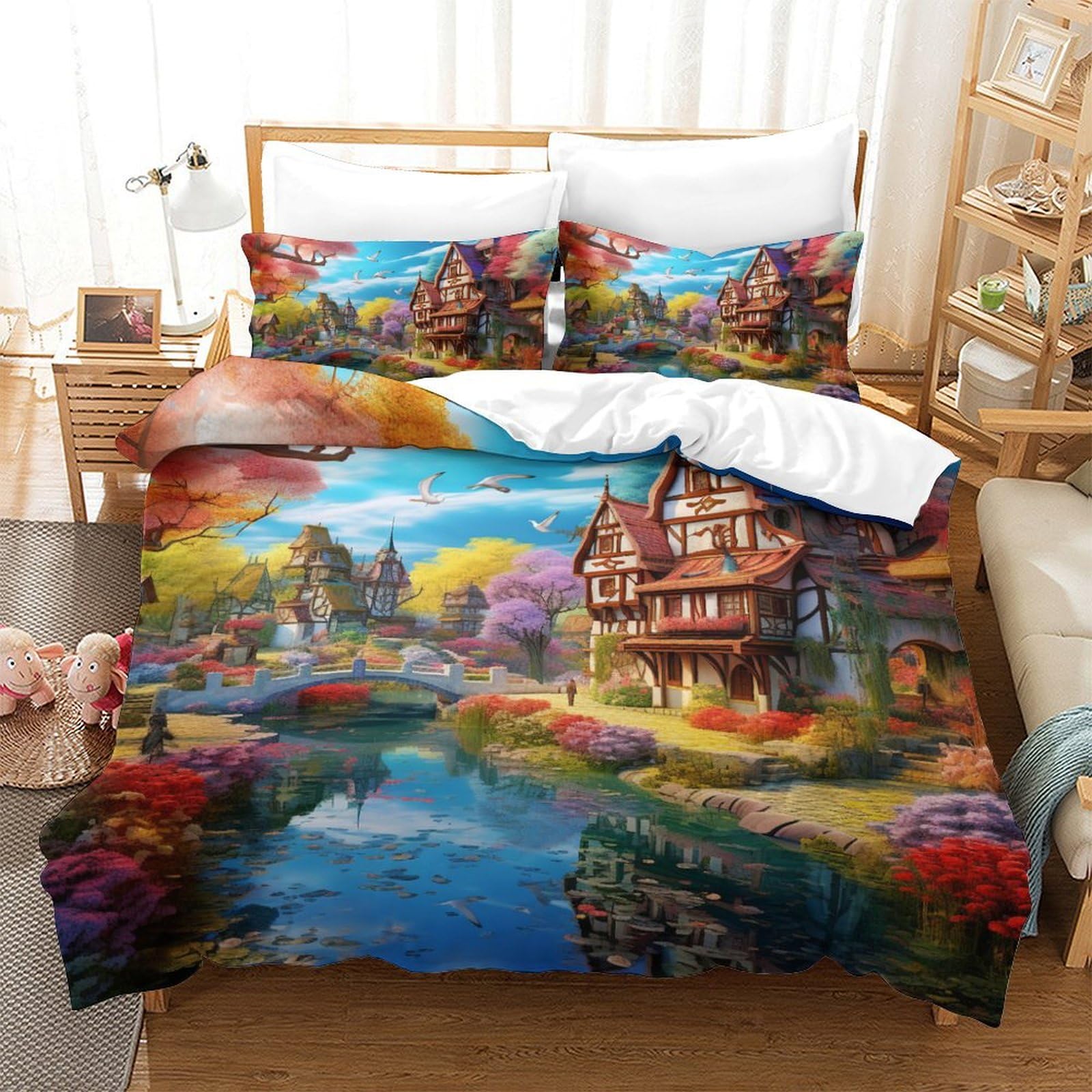 Housse de couette chalet montagne 200x200 anti-plis avec fermeture éclair pour lit enfant