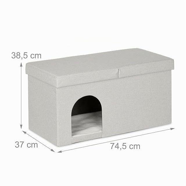 Foto 4 de 8 de Relaxdays Casa Gato con Banco Rectangular, Cueva Gatito Plegable, Escondite Perro, Robusta, MDF