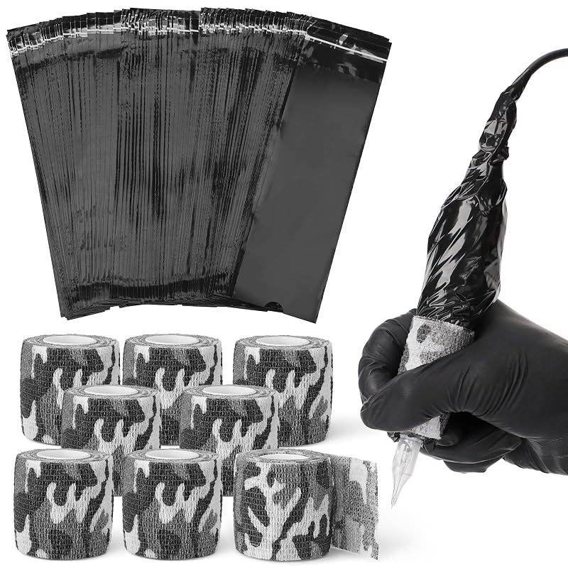 Kit Dynvue com 100 capas para máquina de tatuagem e 8 fitas para grip