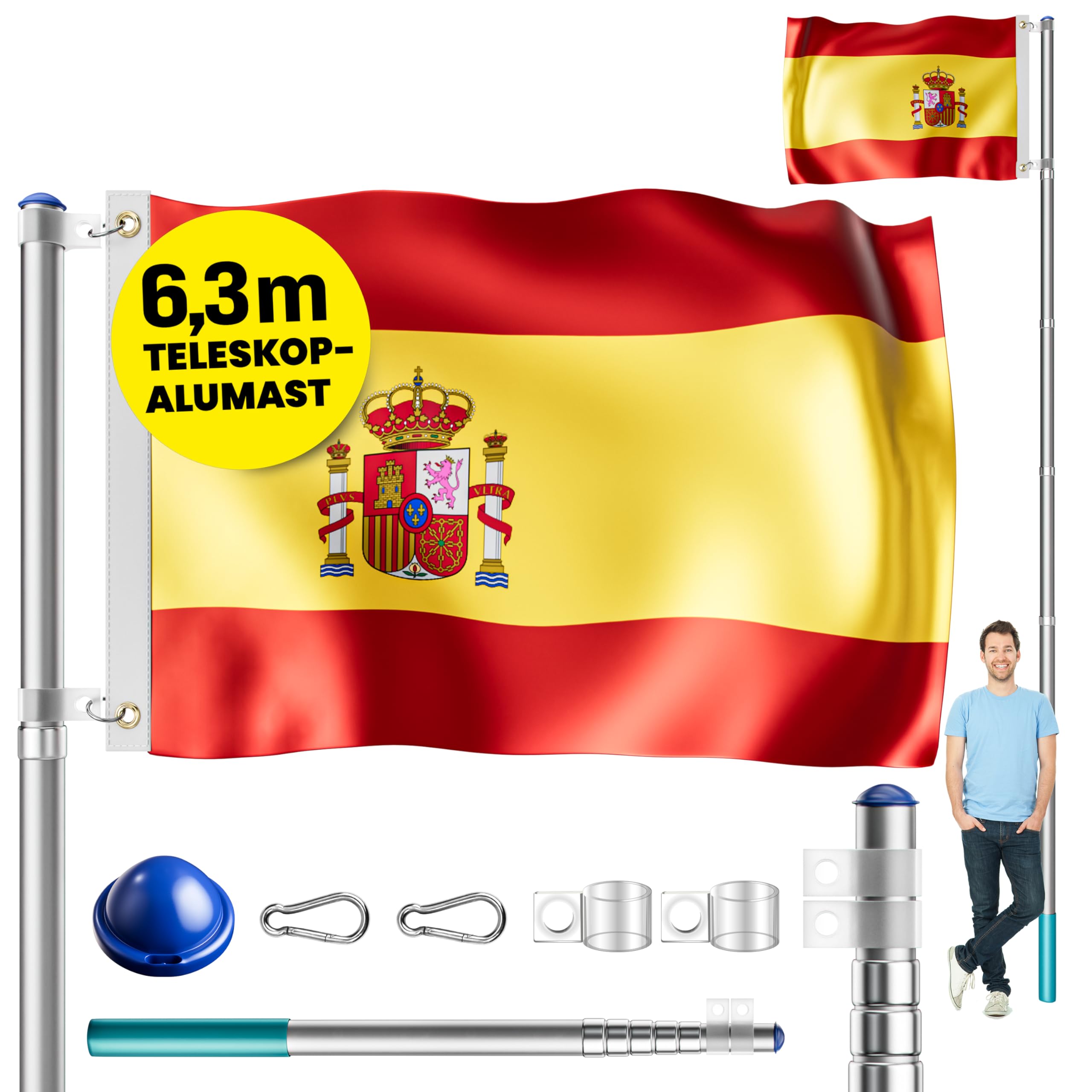 MONZANA® Asta Bandera Aluminio 6,30m Telescopica incl. Anclaje Suelo 60cm Bandera España Española
