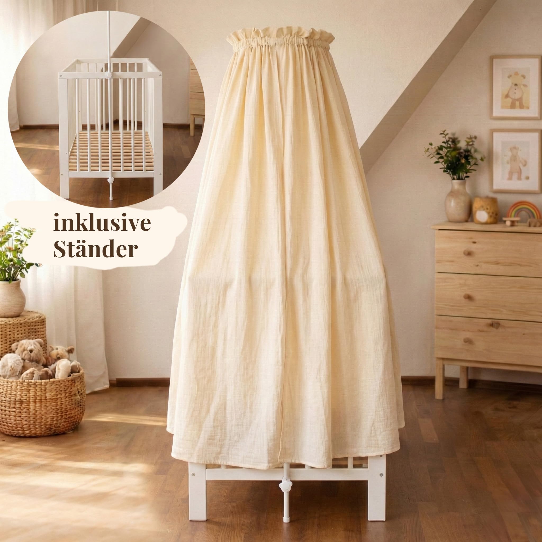 Betthimmel Babybett Set - Musselin Stoff mit montierter Himmelstange - Baldachin für Babybett zum Anklemmen - Himmelbett Vorhang & Kinderzimmer Deko in 135cm (Creme)
