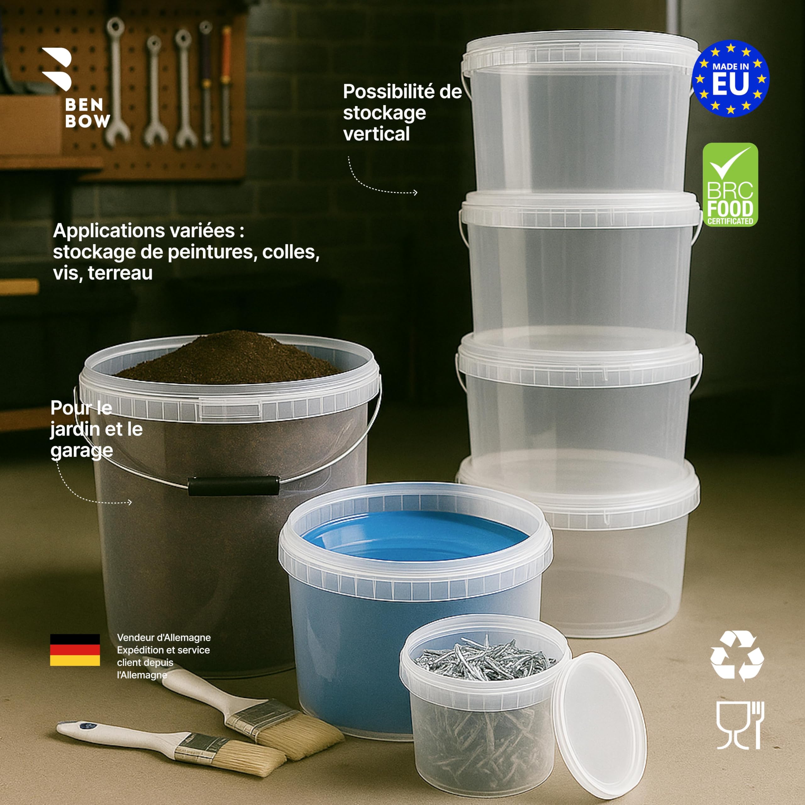 BenBow Seau avec Couvercle 30l Transparent - 5X 30l Alimentaire, Stable, étanche à l'air, Anti-Fuite, inodore - récipient de Conservation en Plastique, avec poignées - Vide