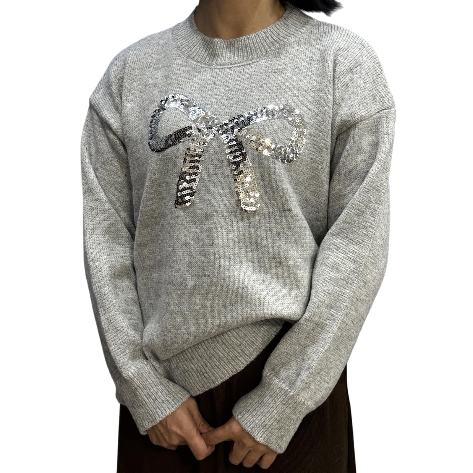 Sequin Bow Sweater Long Sleeve Glitter Party Crewneck Loose Fit Pullover Top