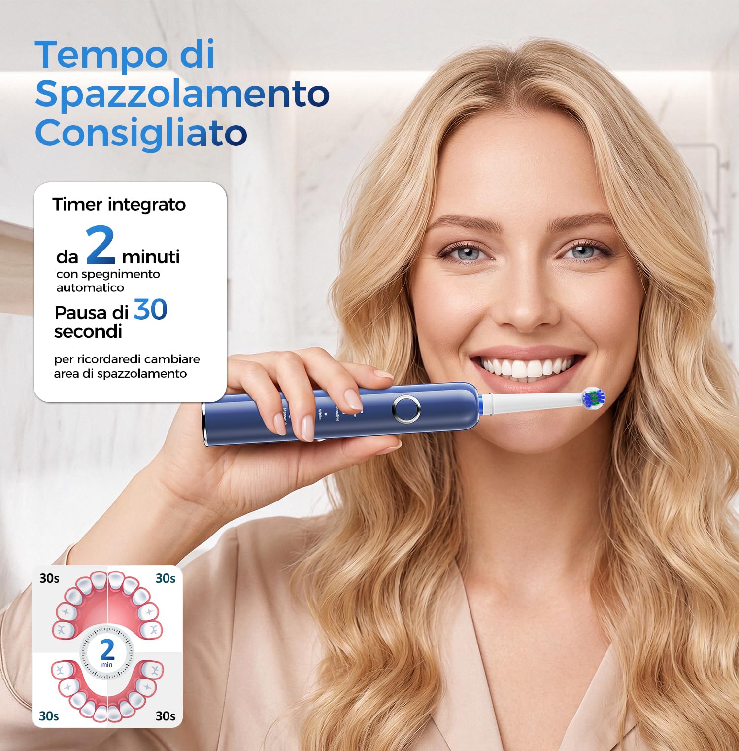 Spazzolino Elettrico Rotante per Adulti e Bambini, Blu | 5 Modalità, 8 Testine, Batteria 60 Giorni, Ricarica Rapida, 5000 RPM, Timer 2 min, IPX7 Impermeabile