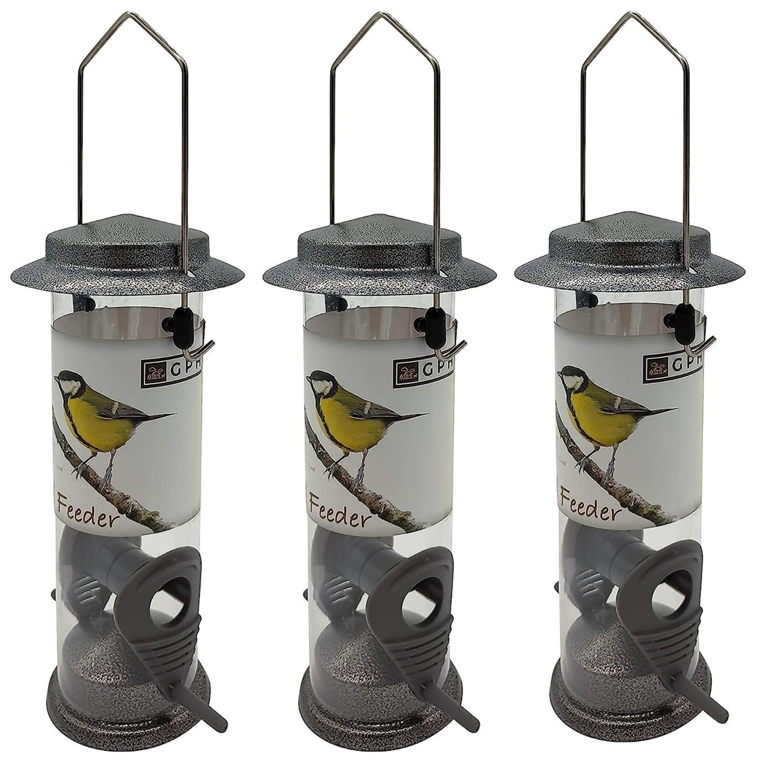 3-Pack Metal Bird Feeder - Hanging Bird Feeder Station for Garden, Backyard, Lawn - Set of Bird Feeders for Nuts, Seeds, Fat Balls - Sage green or Silver Hammertone (3 Hammertone Seed Feeders)