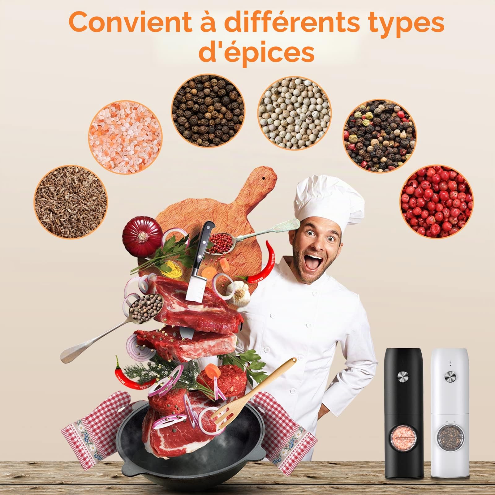 Moulin à Poivre et Salières Electrique Rechargeable (2 Pièces) - LED, Opération à Une Main, Idéal Pour La Cuisine, Le Restaurant, Le Barbecue, Le Camping