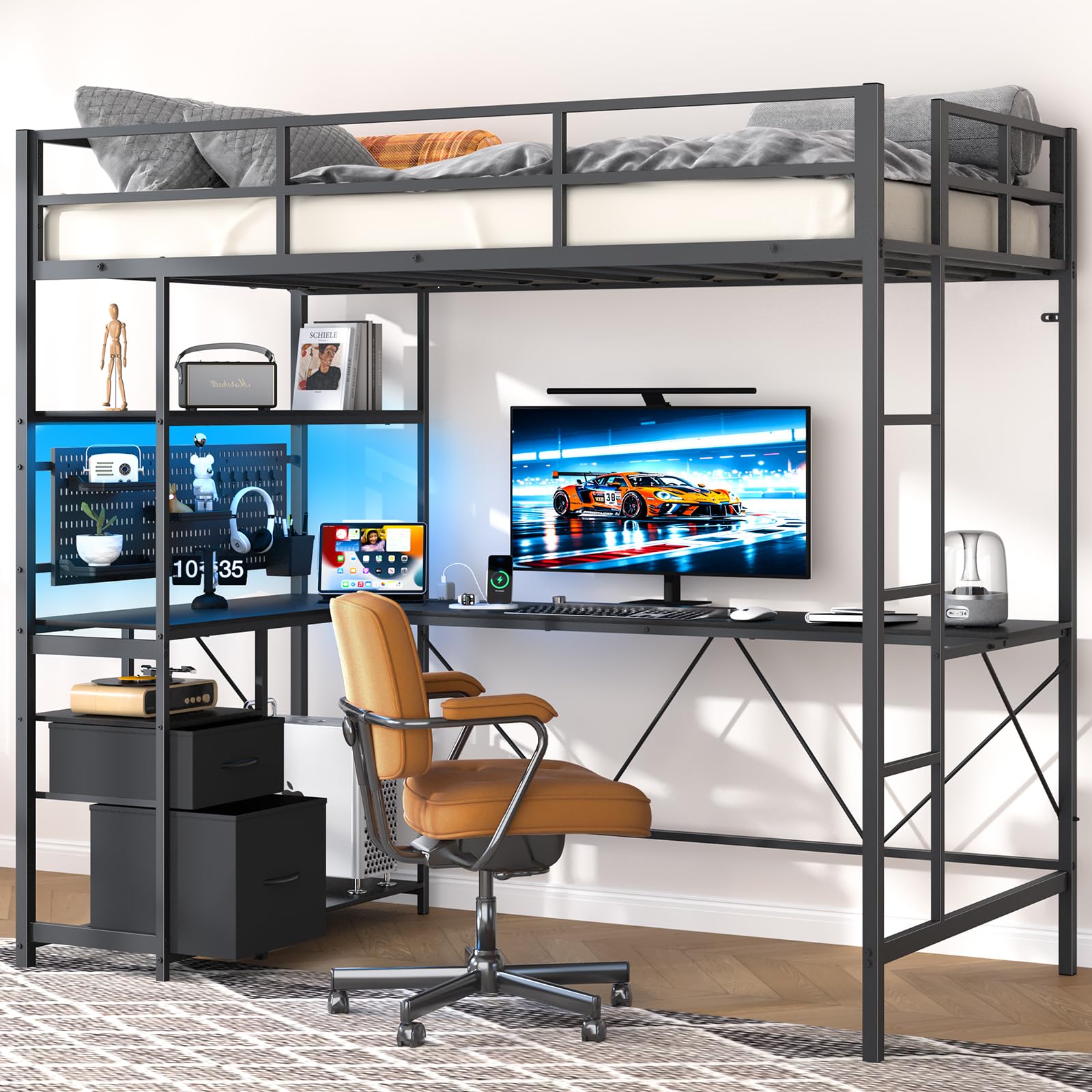 YoobureLoft Bed Twin Size with Desk, Metal Twin Loft Bed Frame with Charging Station & Safety Guard, LED Loft Beds with 2 Storage Drawers for Kid Junior Adult, Heavy Duty, Space-Saving, Noise Free