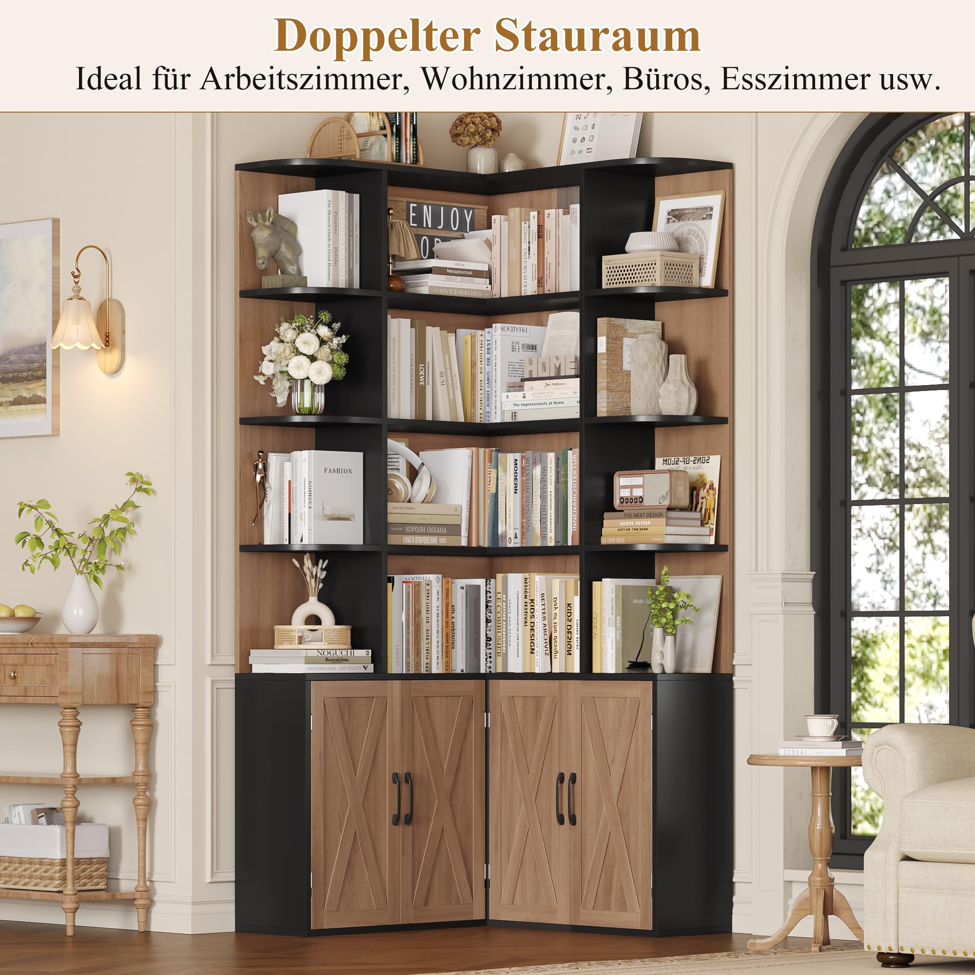 FirFurd 187cm Bücherregal mit Türen， Eckregal mit 12 Fächern L-förmiger | Bücherschrank mit Türen, Bücherregal, Hochschrank Regal für Wohnzimmer, Büro, Arbeitszimmer, 187x80x80cm