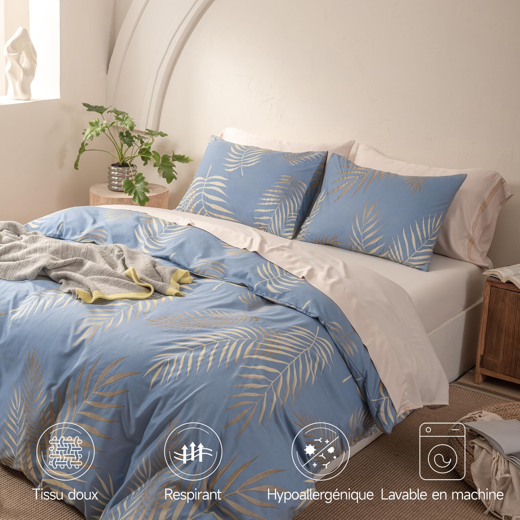 Gezu Housse de Couette Doré 240x260 Motif Feuilles de Palmier Tropicales Parure de Lit 240x260 Or et Bleu Botanique Linge de Lit 2 Personnes Adulte avec Fermeture Éclair et 2 Taies d'oreiller 65x65cm