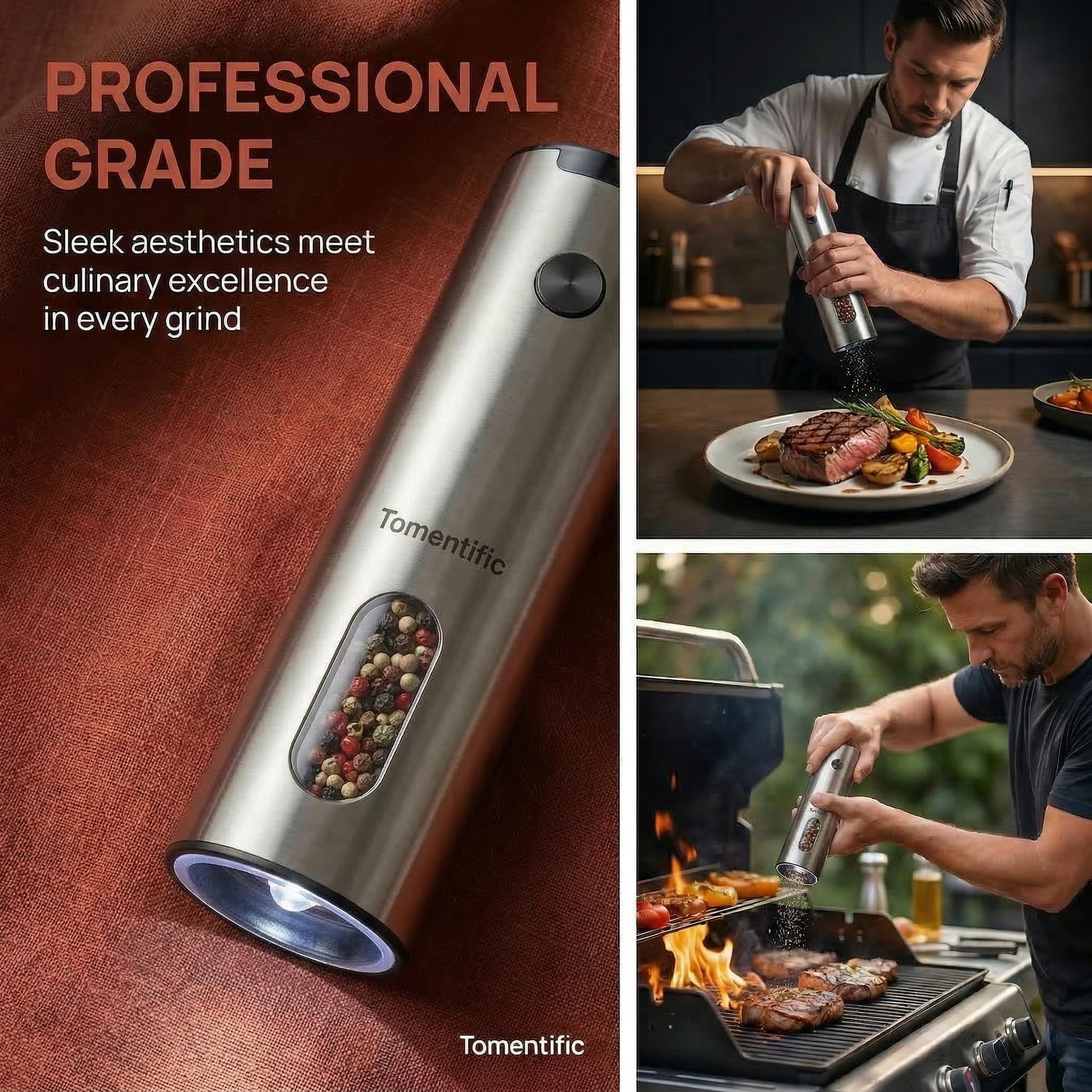 Set macina sale e pepe elettrico con base ricaricabile, grande capacità, set di macinapepe ricaricabile con luce LED e grana regolabile, ideale per cucina, all'aperto, barbecue e regali