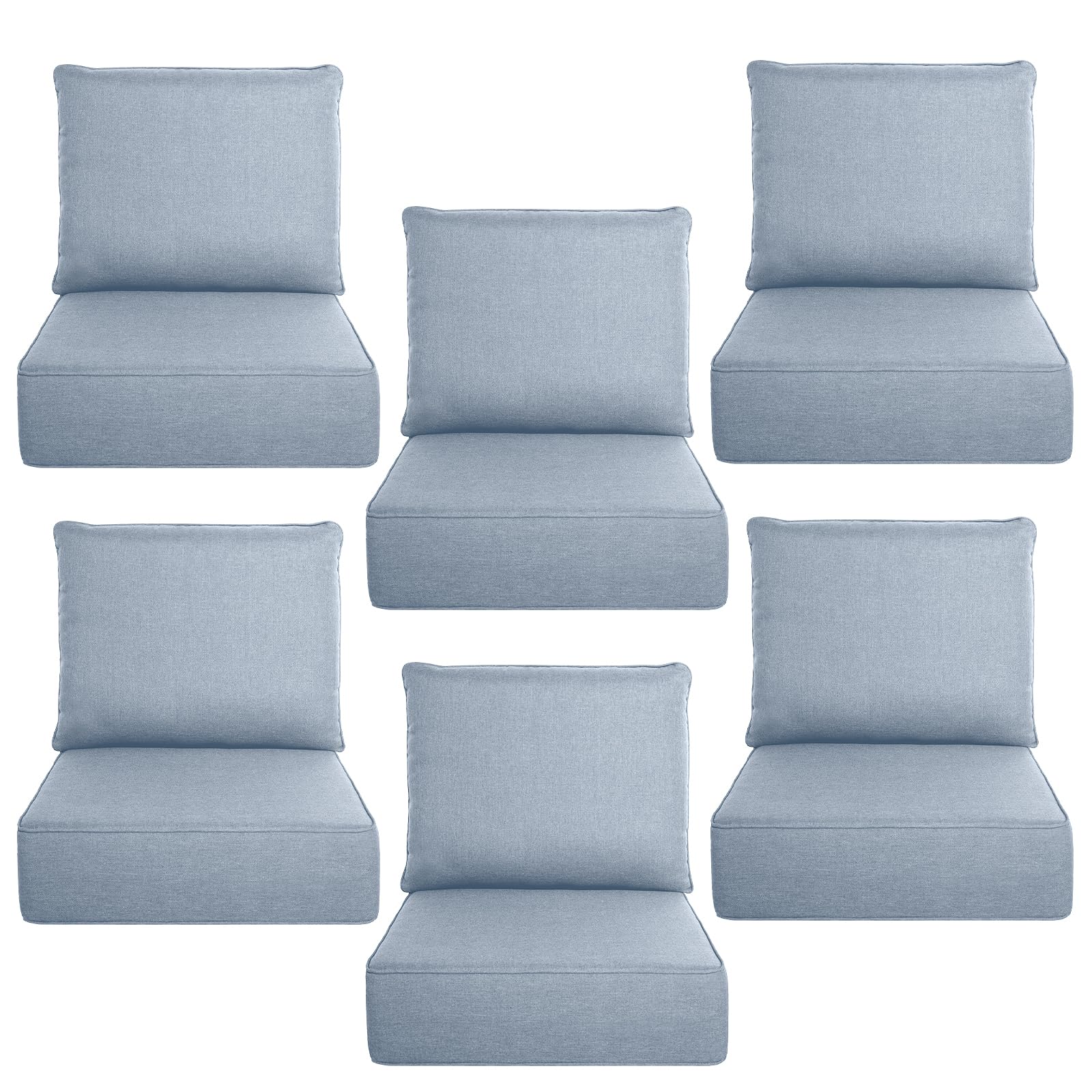 Luxury 6" Thick Outdoor Cushion Set 6 - 24x24 Patio Furniture Cushions with 28D High-Density Foam, Water-Resistant &amp; Fade-Resistant Fabric, Removable Covers for Patio Furniture Sofa Couch -Baby Blue