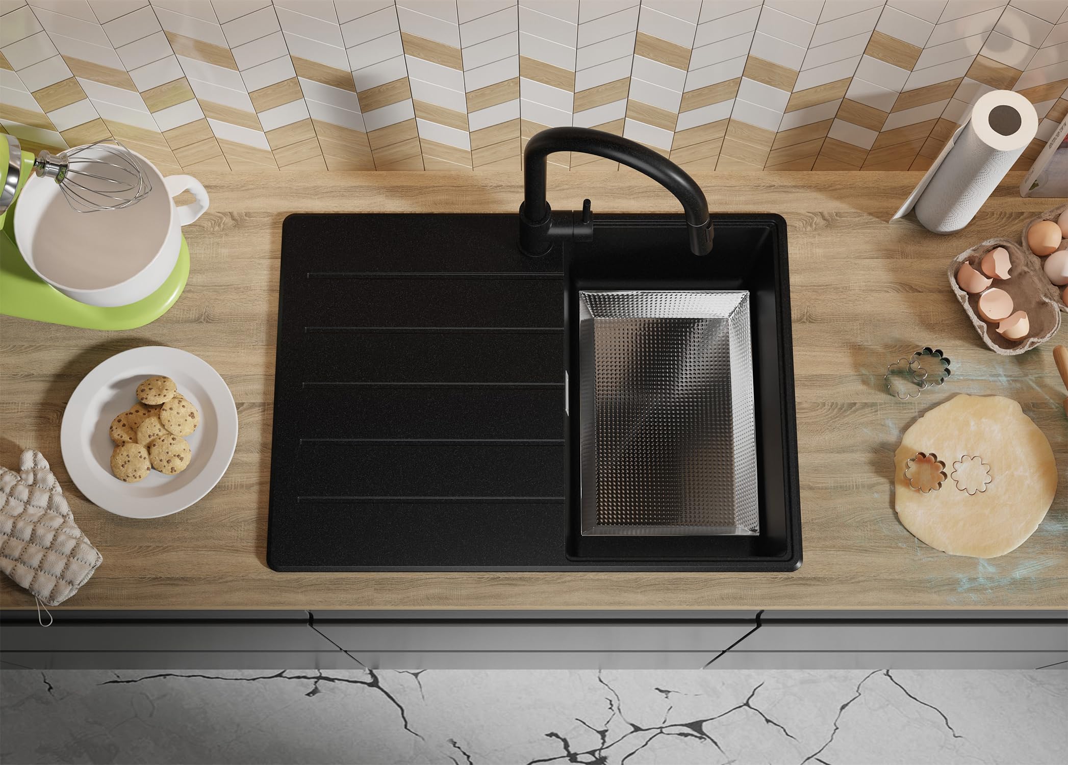 PRIMAGRAN Granitspüle Alles Schwarz - Kopenhagen Top, 70x50cm | Spülbecken 1 Becken + Küchenarmatur 40x20cm + Zuberhor-Set, Küchenspüle ab 40er Unterschrank (S187)