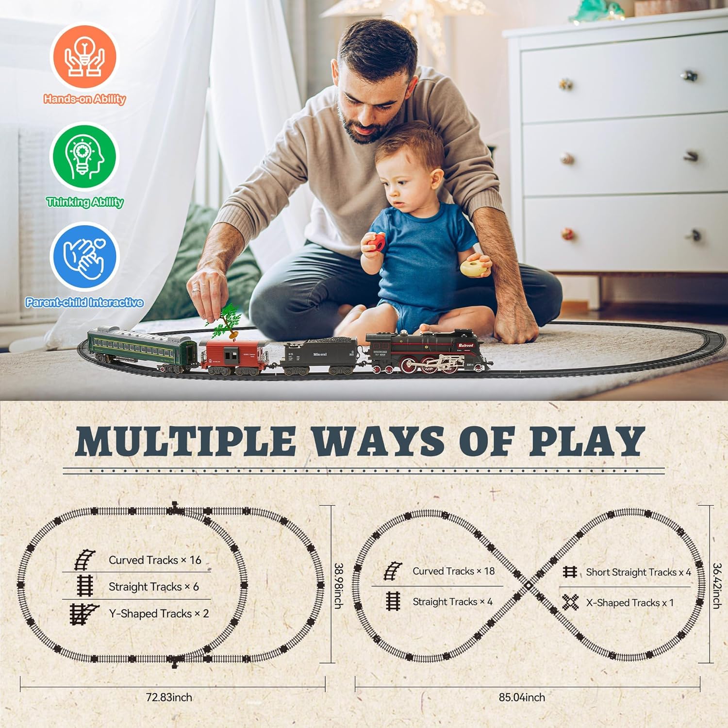 Train Set with More Tracks & Carriages, Luxury Train Toys with Smoke, Light and Sound, Christmas Train Sets for Around The Tree, Toy Train Set for 3 4 5 6 7 8+ Years Old Boys Toddlers Gifts