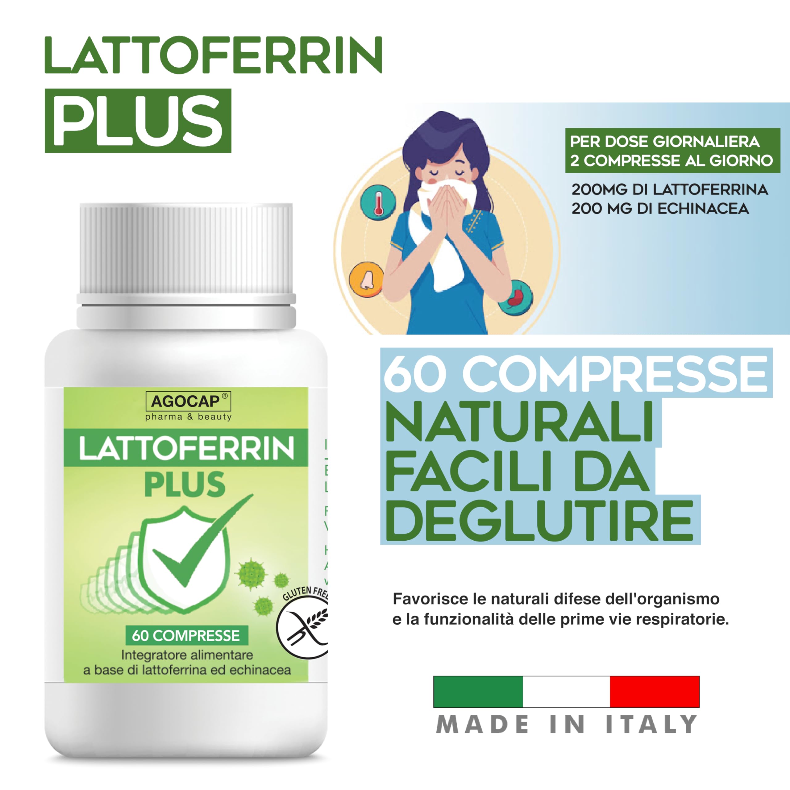 Lattofferina con echinacea per le difese immunitarie. 60 COMPRESSE di lattoferrina 200 immuno stimolante. Integratori difese immunitarie ideale per tutta la famiglia. Lattoferrine Agocap