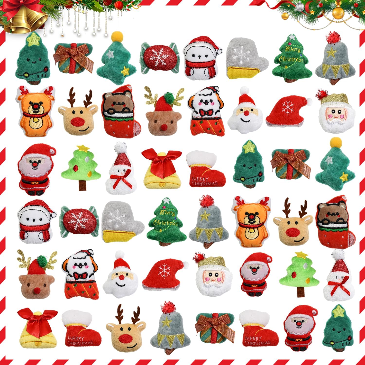 Christmas Mini Plush Set, Cute Christmas Ornaments with Santa Claus, Snowman, Reindeer, Christmas Tree & More - Festive Plush Decor for Xmas Tree, Holiday Party Favors, Gifts (48 Pack)
