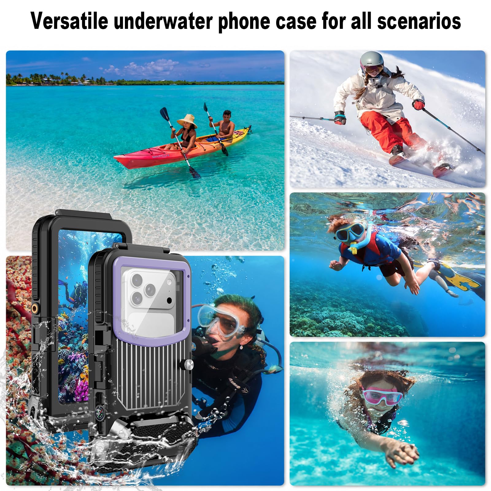 Custodia impermeabile subacquea da 15 m per iPhone 17/16/15/14 | Smartphone da 5,4 a 6,9 pollici, tasto volume del telefono a sinistra, snorkeling, nero viola