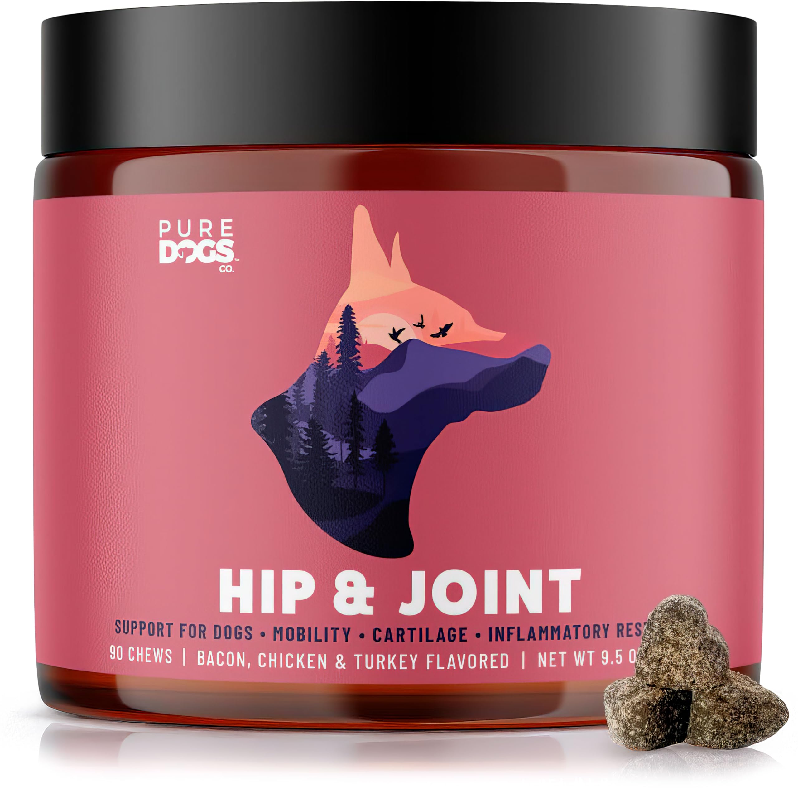 Pure Dogs Hip & Joint Dog Chews - Glucosamine Chondroitin & Green Lipped Mussel for Joint Pain Relief, Function & Mobility, Gut & Digestive Support - for Large & Small Breeds - 90 Chews