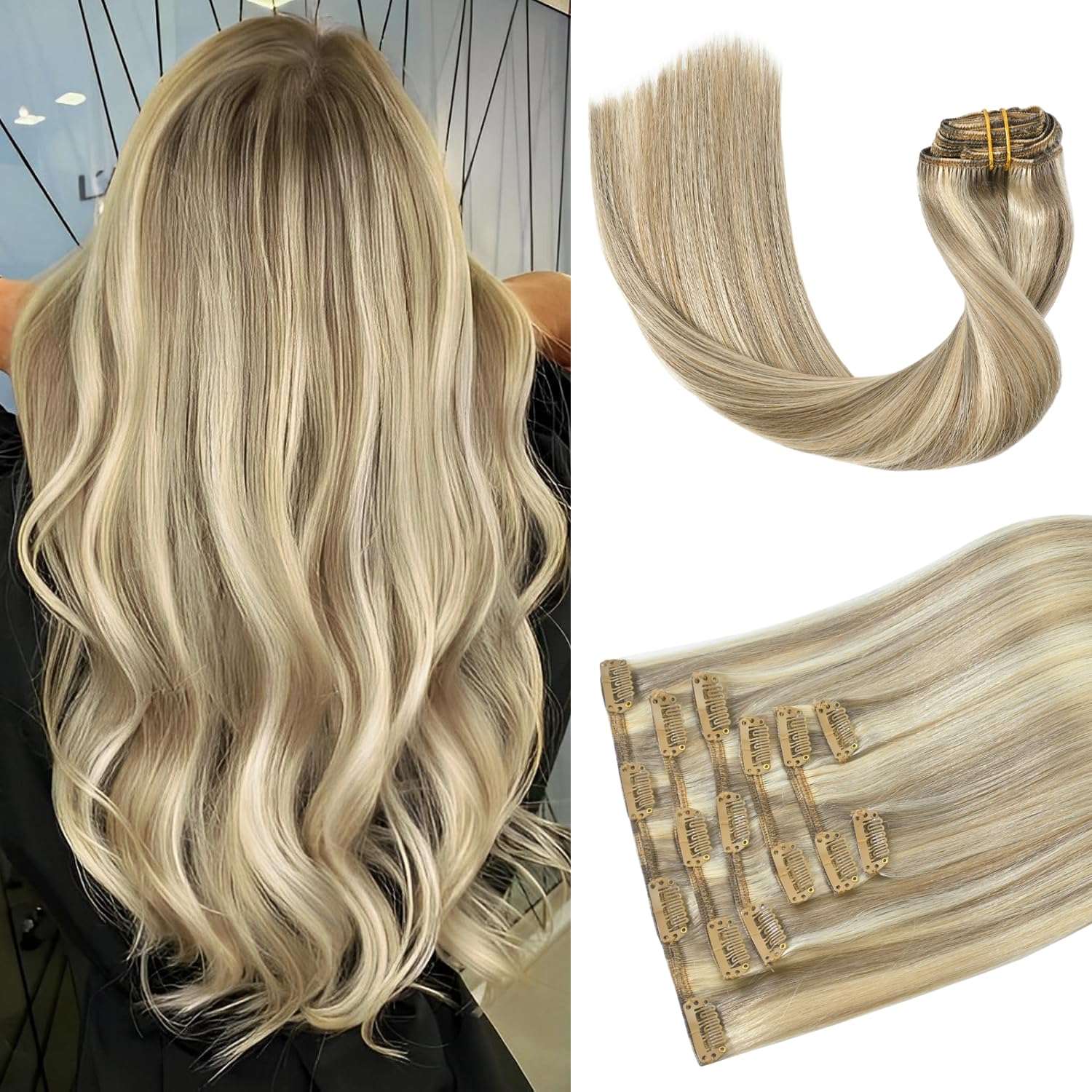 Clip in Hair Extensions Real Human Hair 70G Light Ash Blonde/Bleach Blonde 100% Remy Human Hair Clip in Extensions Soft Silky Straight 7pcs 16clips One Pack (22 Inch #18P613)