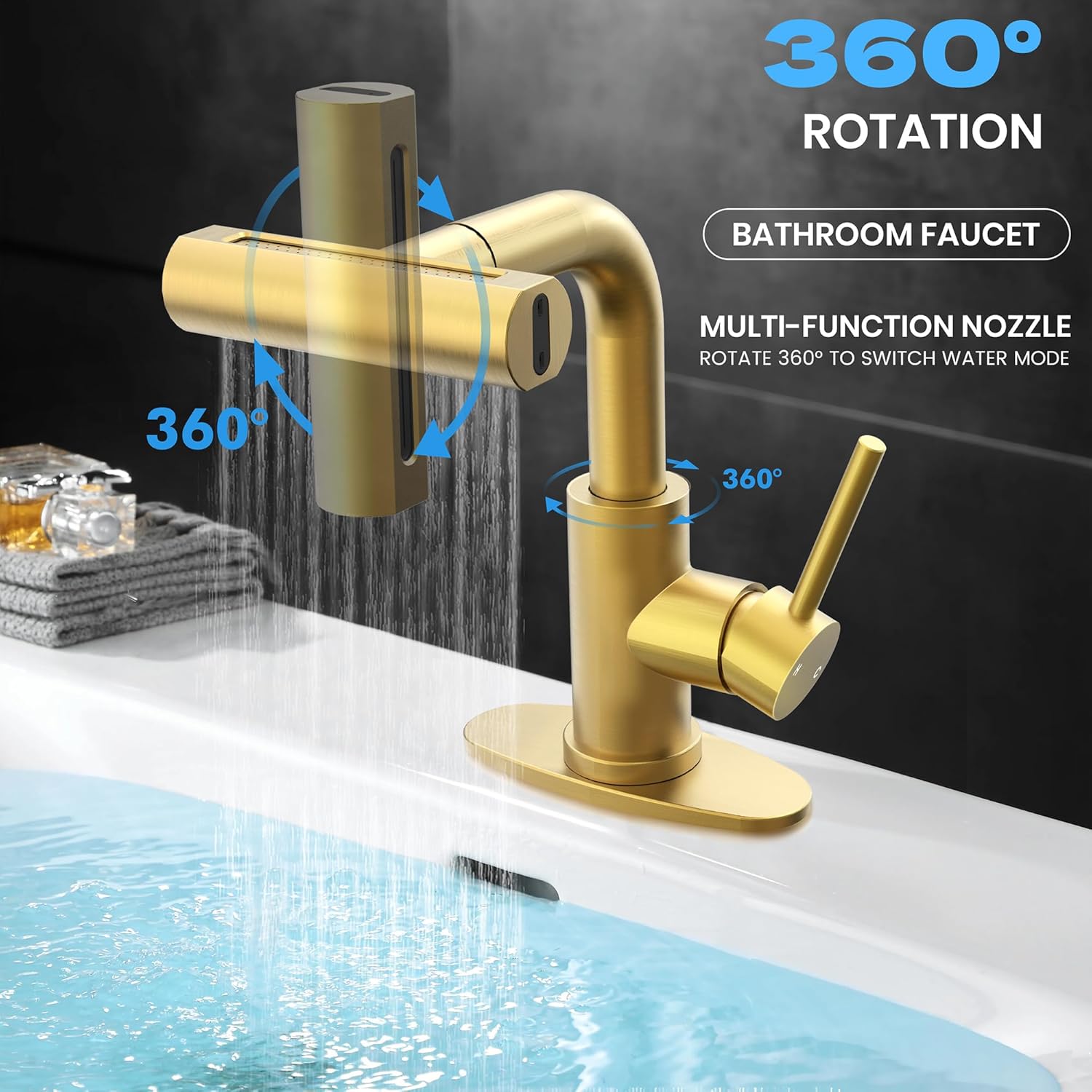 Gold Bathroom Faucet with Sprayer - Brushed Gold Bathroom Faucets for Sink 1 Hole or 3 Holes, 4 Mode Single Handle Vanity Faucet Waterfall Bathroom Faucet with Pull Down Sprayer (No Drain) - Image 2
