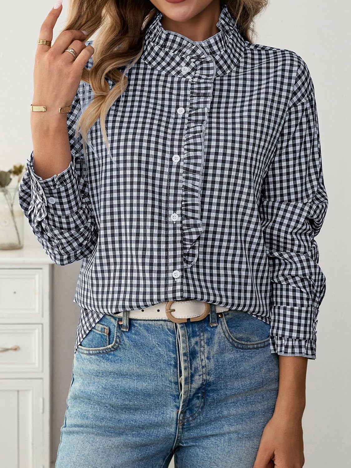Womens Plaid Ruffle V Neck Button Down Shirt Long Sleeve Gingham Trendy Blouse Business Workwear Checkered Tops - Image 3