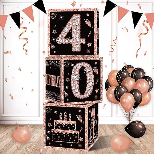 Eiurteao 3 cajas de decoración de cumpleaños número 40 para mujer, cajas de globos de feliz cumpleaños de 40 años de oro rosa, suministros de