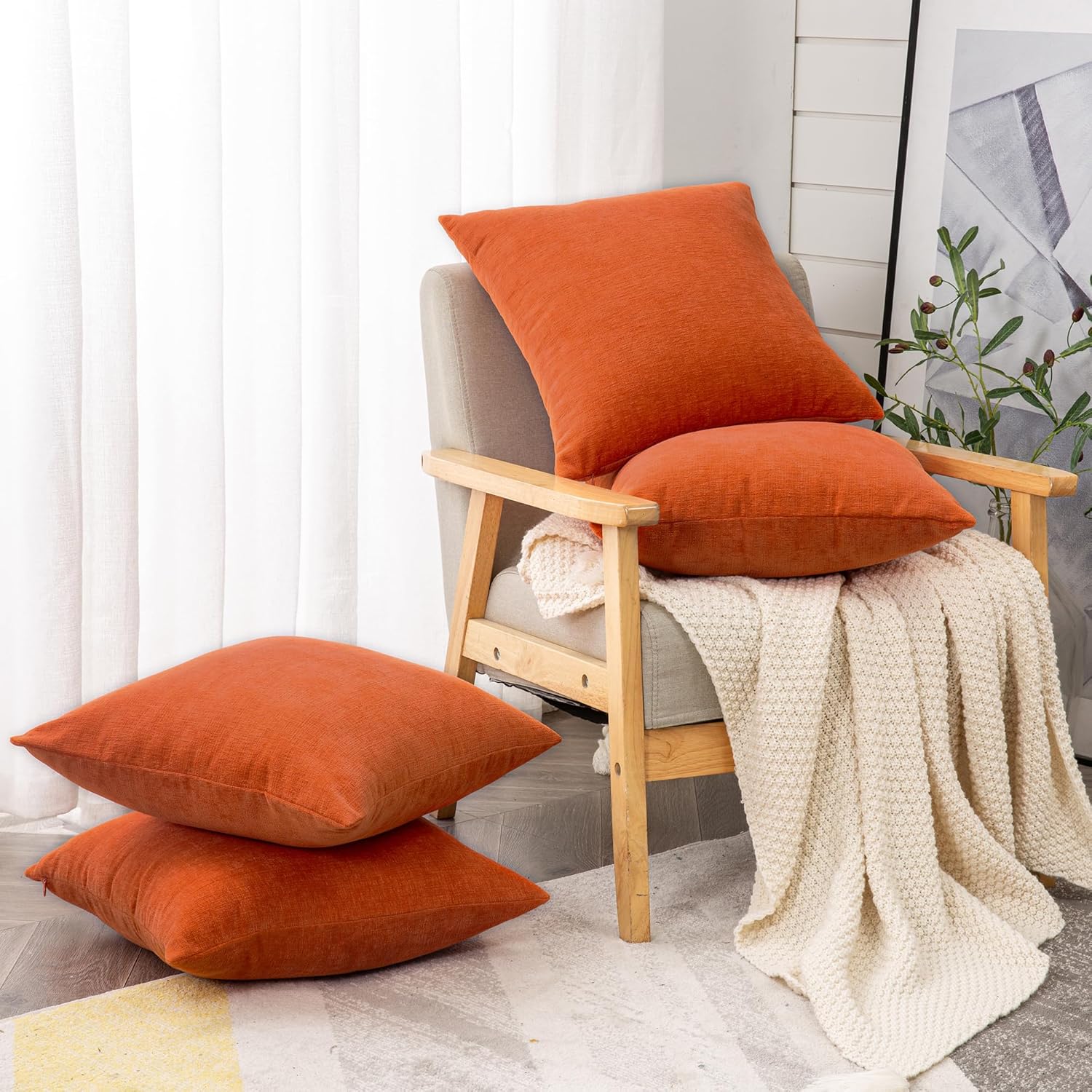 GAWAMAY Decorative Square Throw Pillow Covers 18"x18" Inch Set of 4, Super Soft Chenille Pillows Farmhouse Fall Pillowcase for Living Room Bedroom Sofa Couch Cushion Cover Burnt Orange 45x45cm
