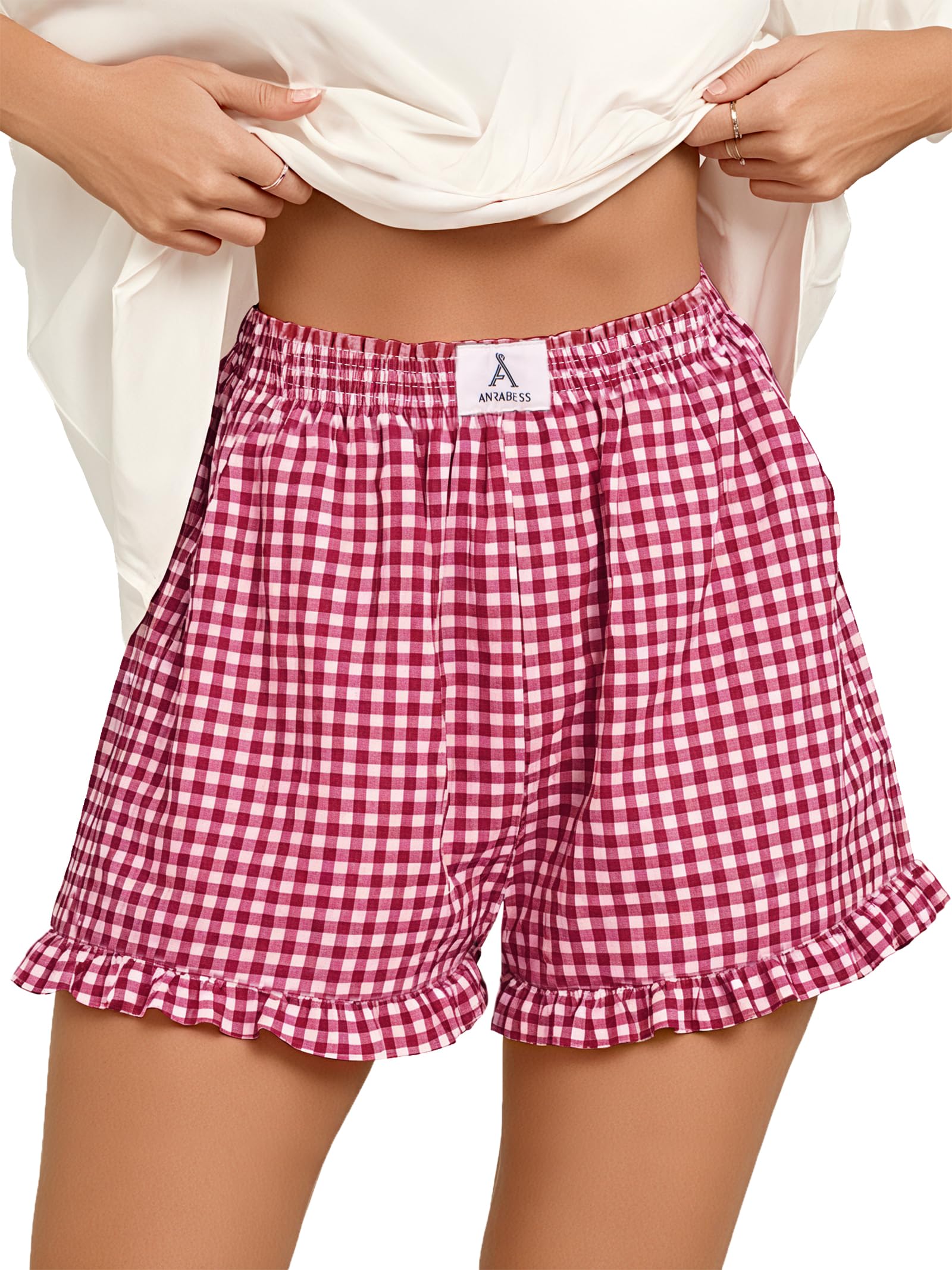 Boxer Shorts for Women,Gingham Plaid Elastic Waist Ruffle,Perfect for Lounge,Pajama&Sleep,Cute Casual Summer Bottoms-image-29