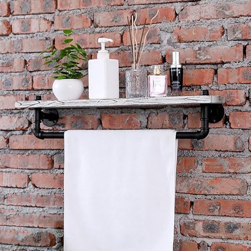 Miniatura 4 de MyGift Barra de toalla industrial montada en la pared del pequeño estante del cuarto de baño de madera encalada en mal estado del