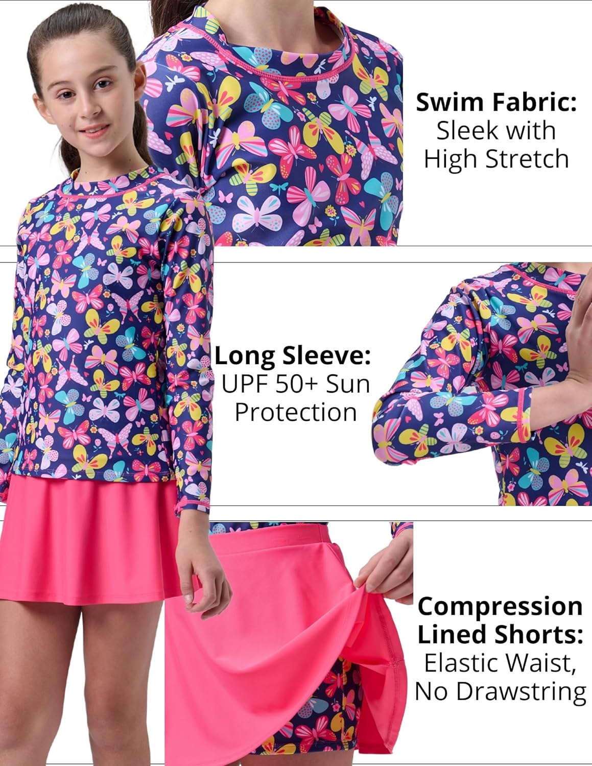 Liberty Pro 2 Pack: Girls Rash Guard Two Piece Bathing Suit Long Sleeve Swimsuit - Toddler Swimwear with Skirts Shorts 3T-12Y