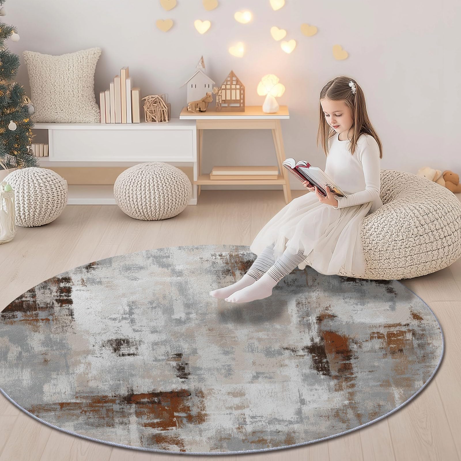 Tapis Rond Style Industriel Vieilli Texturé - Lavable - Poils Courts Doux et antidérapant - pour Chambre à Coucher, Salon, Vestibule, entrée, Chambre d'enfant - Brun 160 cm