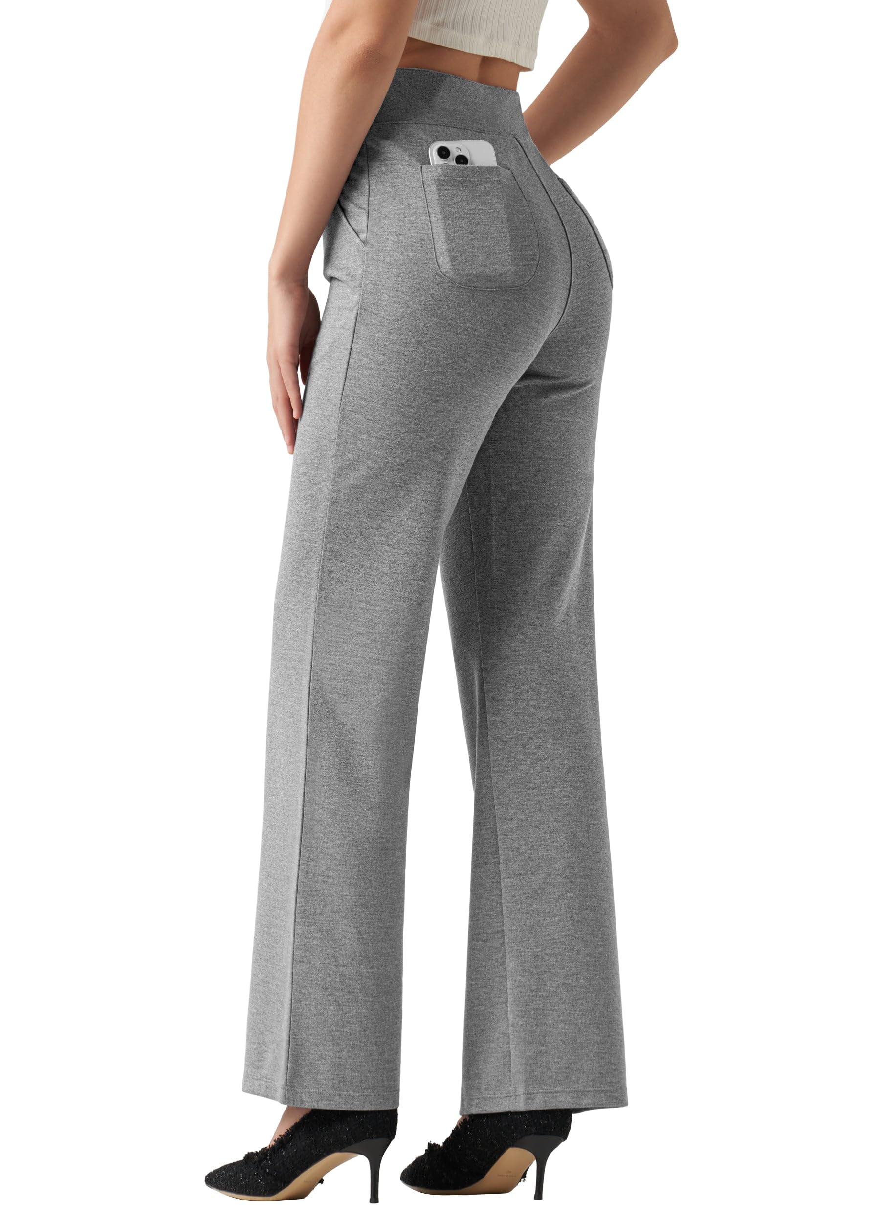 Willit Pantalon habillé à jambe large pour femme - Pantalon de travail extensible taille haute - Pantalon de travail décontracté - Poches - Petite/régulière/grande