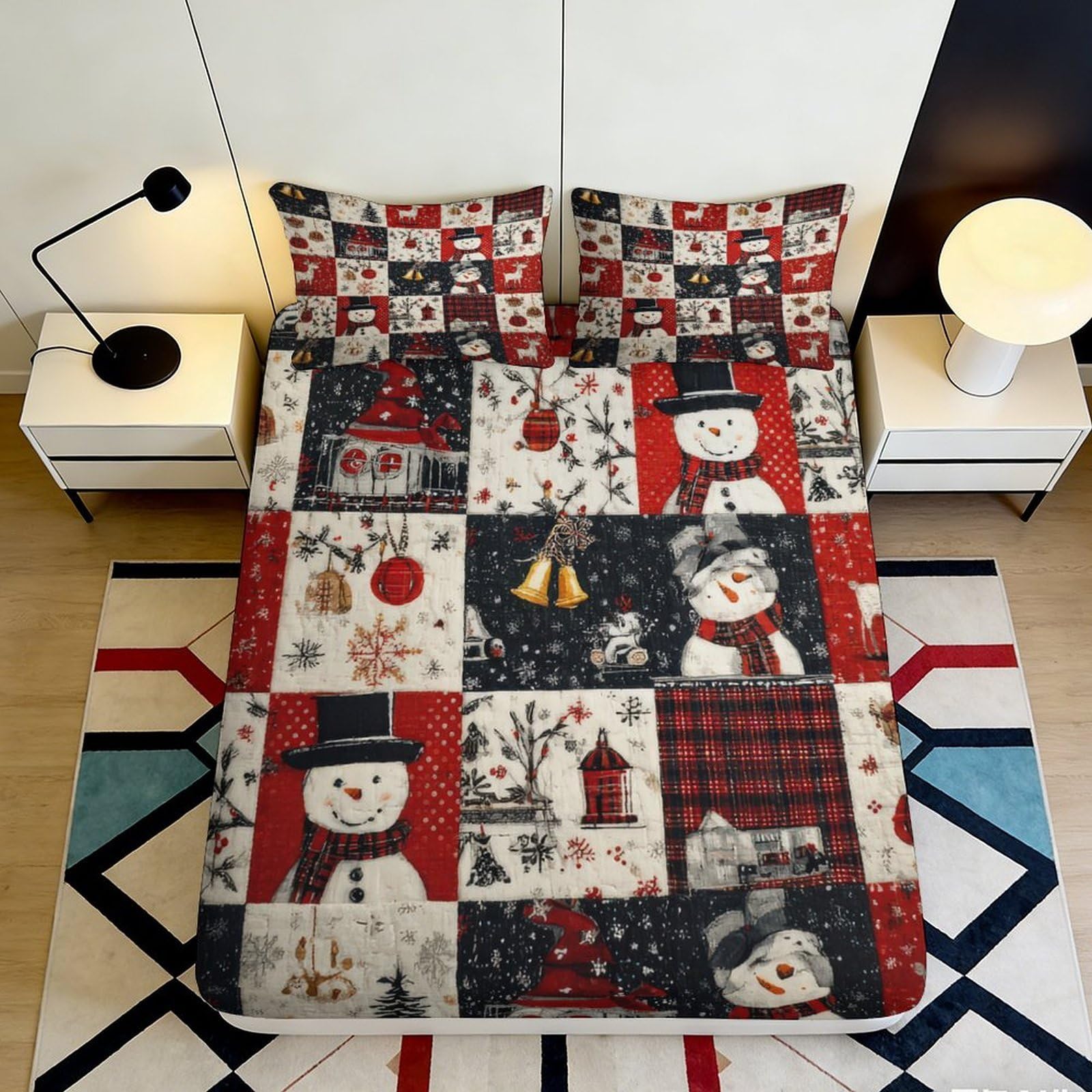 3D Printed Christmas Patchwork Fitted Sheet Microfiber Soft Durable Snowman Bed Cover for Bedroom Dormitory Guest Room Mattress Protection 200x200x25cm