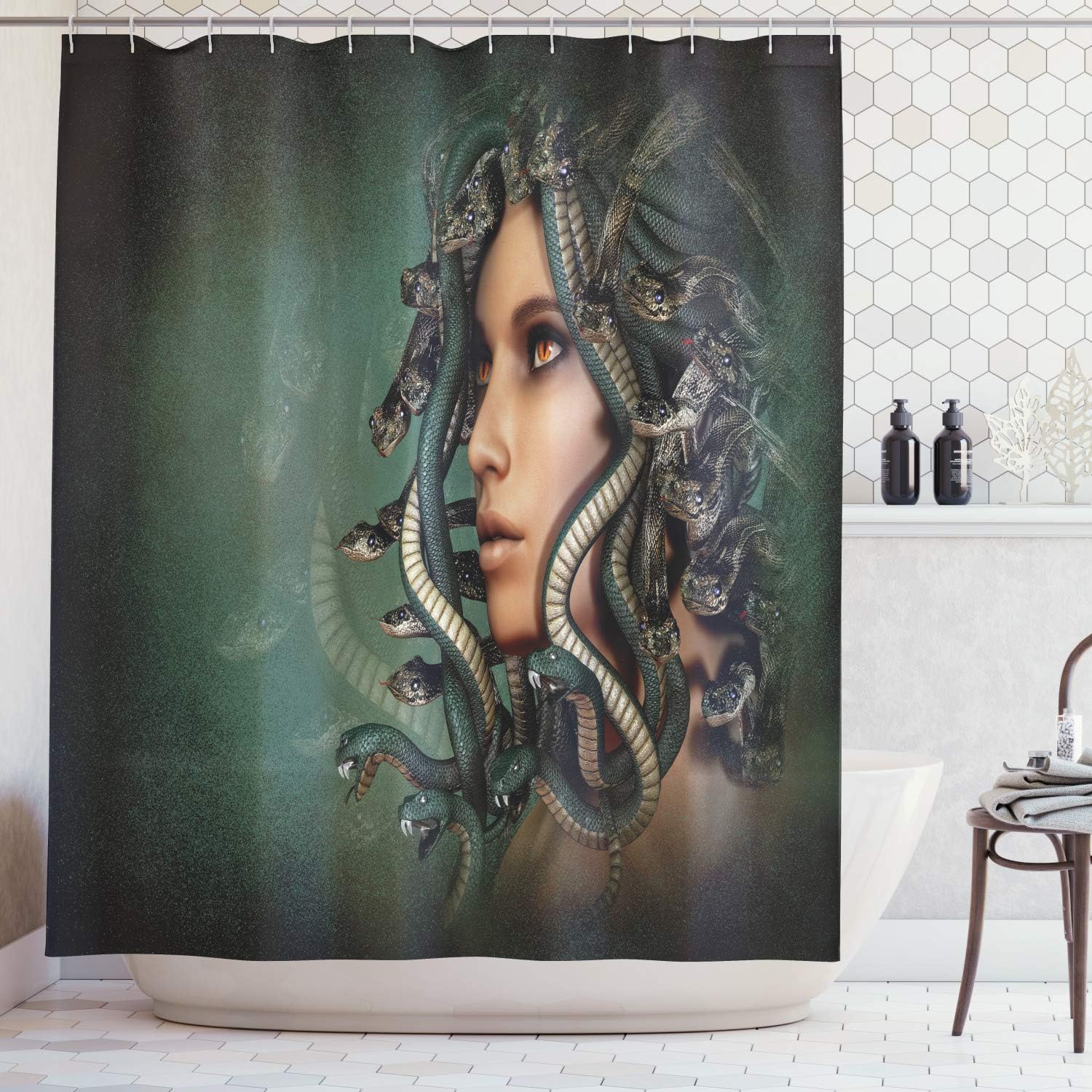 Ambesonne Mythological Shower Curtain, Woman with Snake Hair on Her Head Historic Style Myth Illustration Print, Cloth Fabric Bathroom Decor Set with Hooks, 69" W x 70" L, Green and Tan