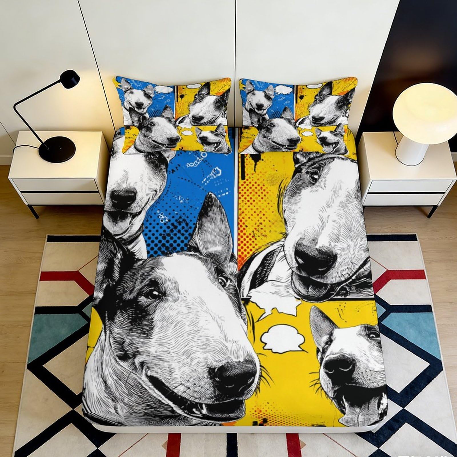 3D Printed Bull Terrier Pop Art Fitted Sheet Microfiber Anti-Slip Bed Cover for Bedroom Guest Room Decor 90x200x25cm