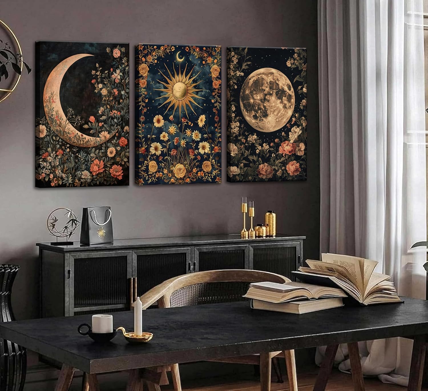 3Pcs Sun and Moon Celestial Canvas Wall Art Vintage Gothic Mystical Crescent Floral Plant Dark Academia Painting Picture Wall Decor Posters Print Artwork for Living Room Bedroom Decoration(24L" x 16W"-Canvas)
