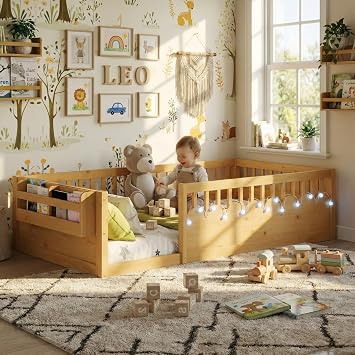 Montessori Floor Bed with High Rails,Twin Size Floor Bed Frame for Kids, LED Lights & Storage Shelf, Safe & Wider Opening Gate Design, Playground & Sleep Space for Girls Boys,Natural