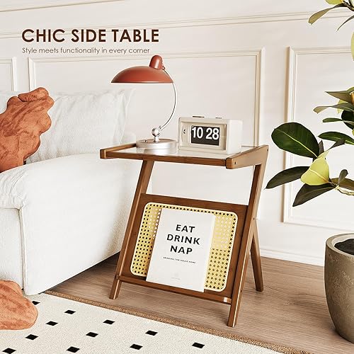 Miniatura 12 de Bamworld Mesa auxiliar de ratán para sala de estar, mesa auxiliar bohemia de 2 niveles con almacenamiento, mesa de noche moderna de mediados de Mesa